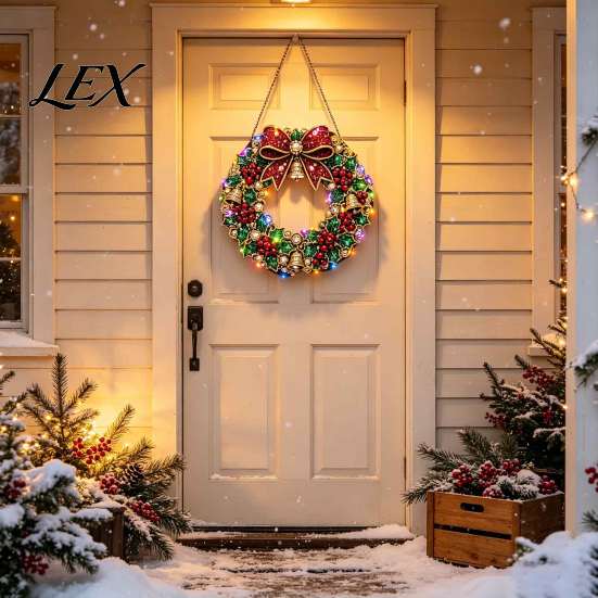 Handcrafted Festive Light Decoration Christmas Diamond Painting Wreath Kit with LED String Lights, Snowman Pearl Art Special Shaped for Adults,