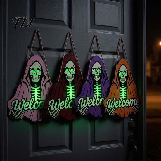 Spooky Party Favors Halloween Skeleton Welcome Sign, Wooden Grim Reaper Shaped Front Door Sign Hanger, Horror Wall Hanging Plaque for Home,
