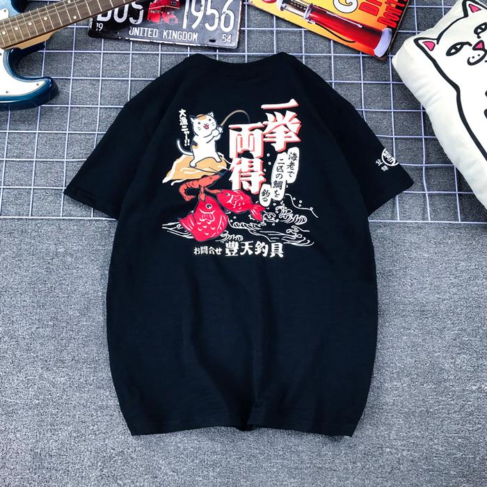 Японский бренд Tide Fengtian Store Футболка с коротким рукавом из чистого хлопка и бамбукового хлопка с принтом «Удачливый кот» и «Карп на рыбалке» для мужчин и женщин