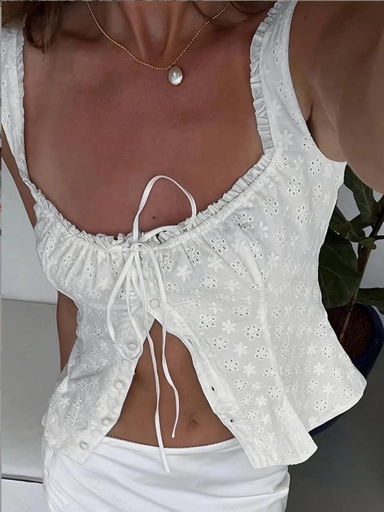 2025 Европейская и американская женская мода Топ без рукавов с квадратным вырезом, вышивкой и оборками