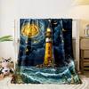 A glowing lighthouse with golden swirls, fireflies, and ocean waves. for all seasons blanket lunch break throw gift