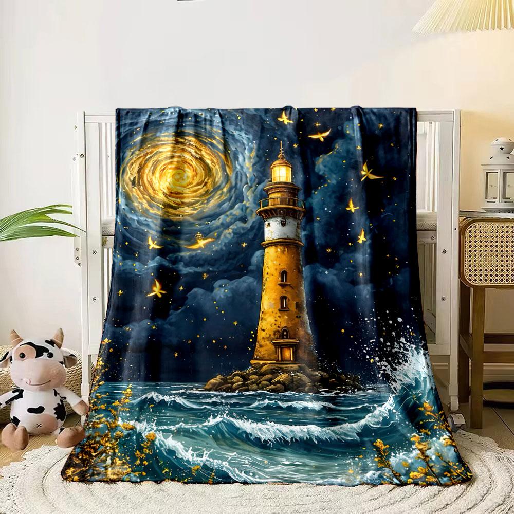 A glowing lighthouse with golden swirls, fireflies, and ocean waves. for all seasons blanket lunch break throw gift