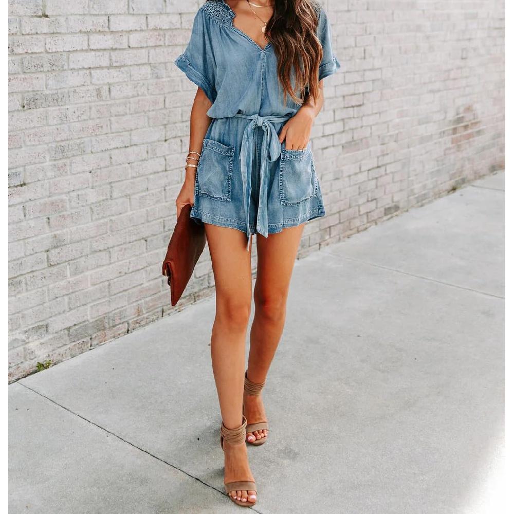 Женский винтажный джинсовый комбинезон, летний джинсовый комбинезон с рюшами и V-образным вырезом, широкими штанинами и поясом, с карманами