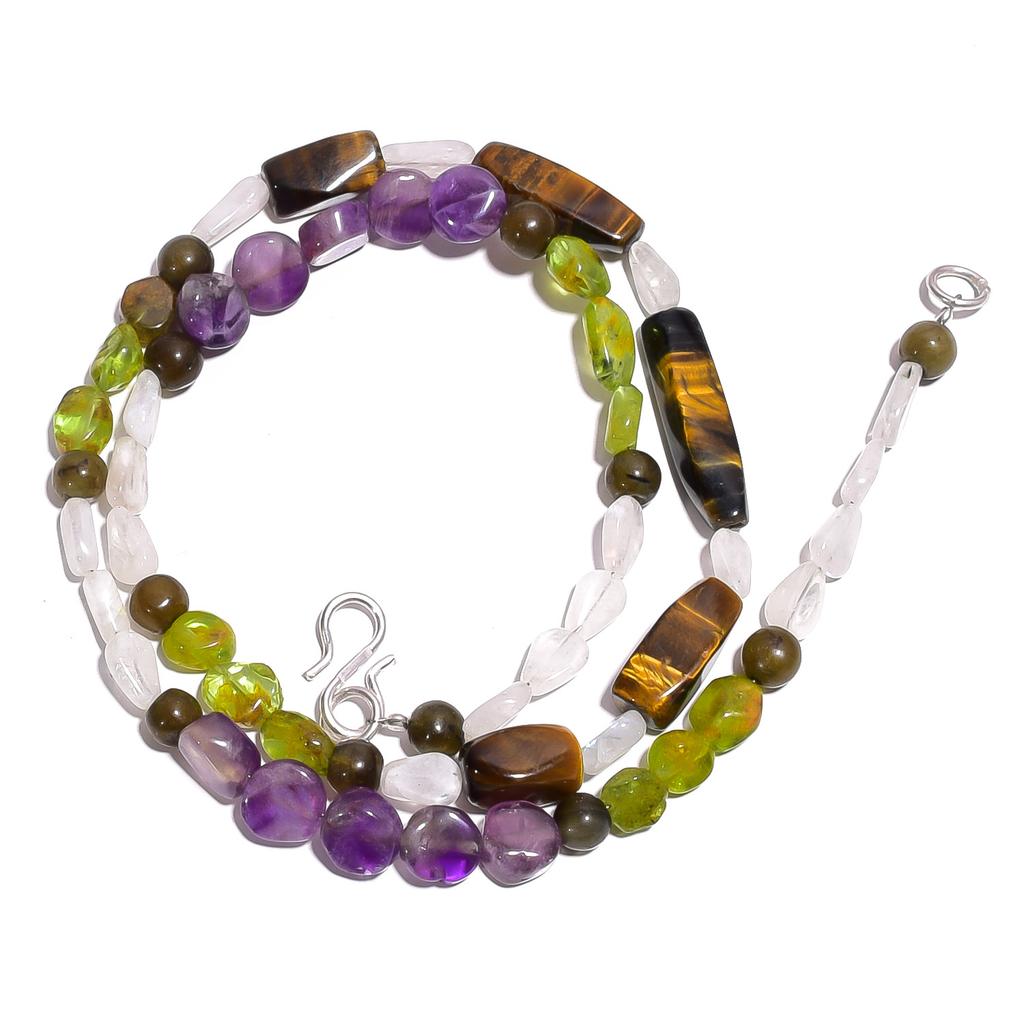 Natural Tiger Eye Moonstone Peridot Gemstone Smooth Beads Necklace 17" UB-4329 UB-4329