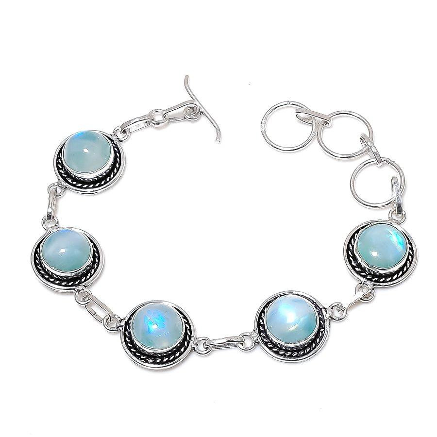 Rainbow Moonstone Gemstone Handmade 925 Srerling Silver Bracelet 7-8"