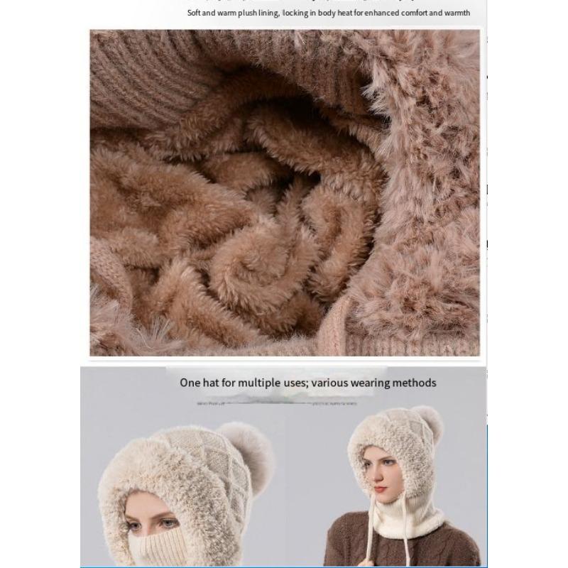 1PC Winter Women's Hat Mask Scarf Integrated Pullover Hat Fleece Warm Ear Protector Knitted Woolen Hat