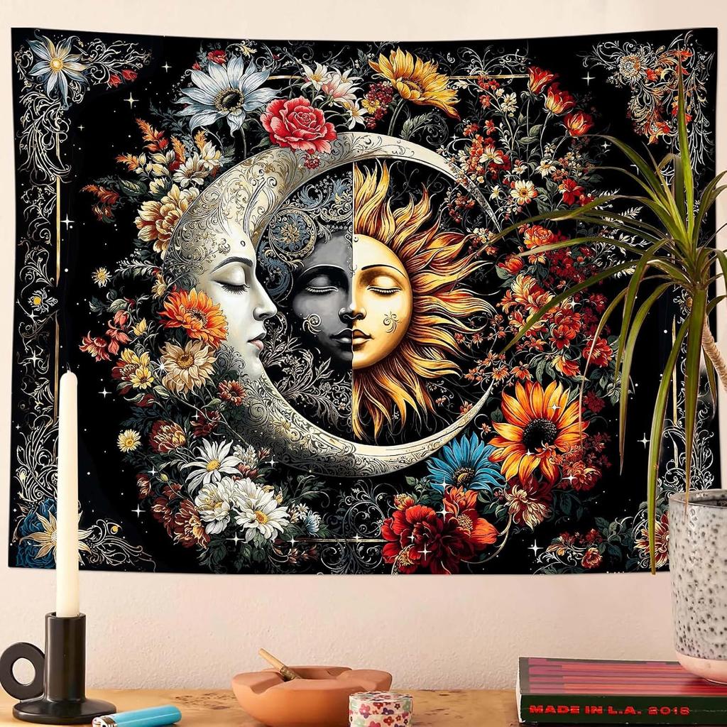 Wegklazax Abstract Sun and Moon Floral Tapestry, Bohemian Hippie Cosmic Wall Art for Room Decor, Artistic Nature Home Decor
