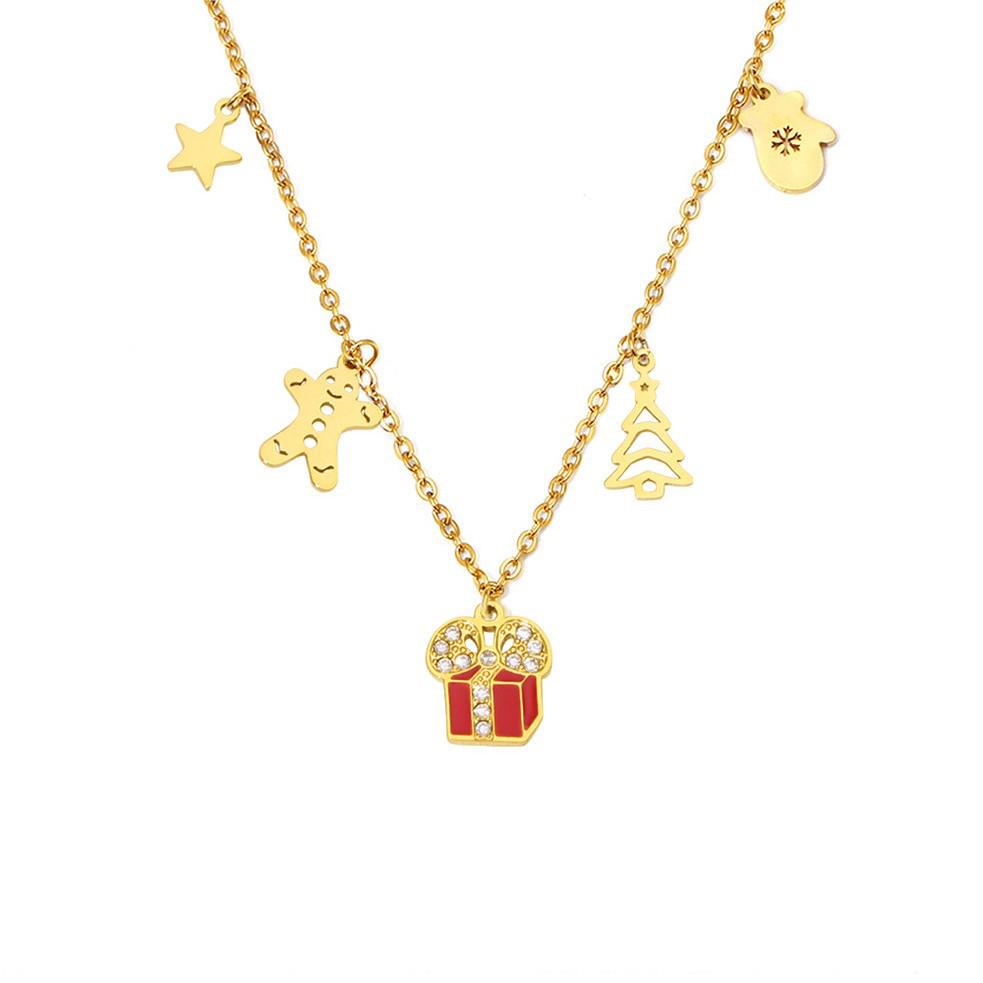 Oumeka Christmas Geometric Pendant: 18K Gold-Plated Stainless Steel Enamel Chain Jewelry