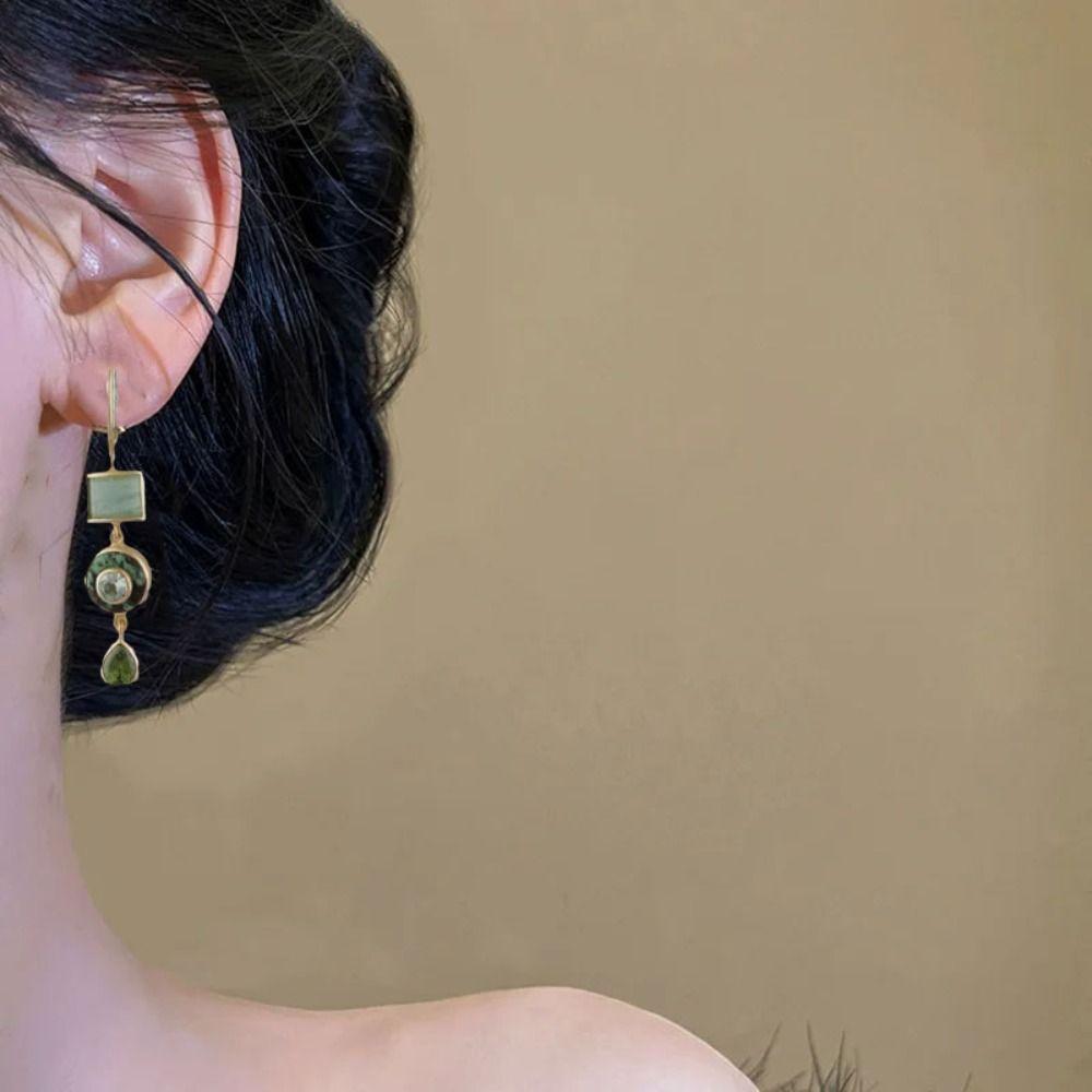 Зеленые Винтажные Зеленые Серьги Геометрические Модные Украшения Асимметричные Подвески для Ушей Женские