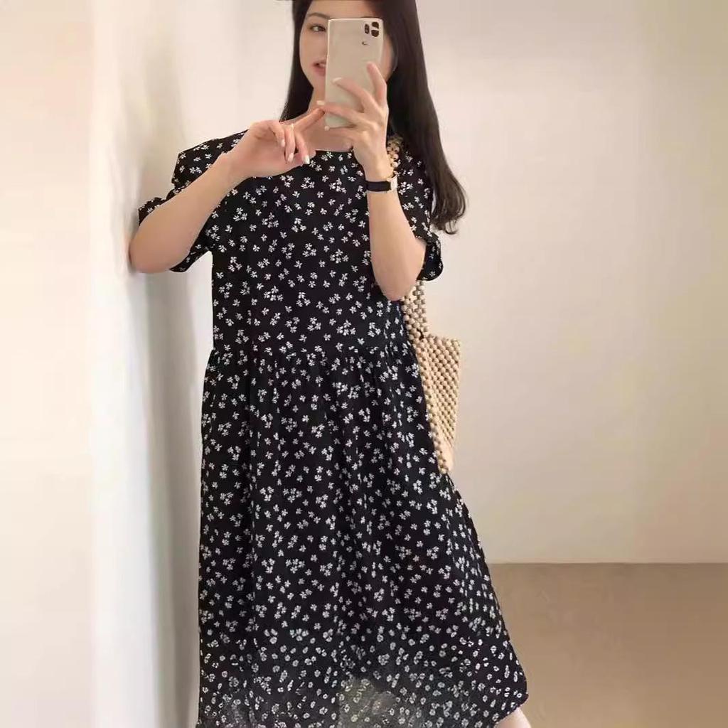 Women's Retro Floral Loose Slimming Black Crew Neck Short Sleeve Long Dress