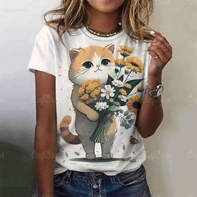 Женская футболка с милым котом, футболки с короткими рукавами с 3D принтом и графикой, летние модные повседневные футболки в стиле Харадзюку, топы, женская одежда