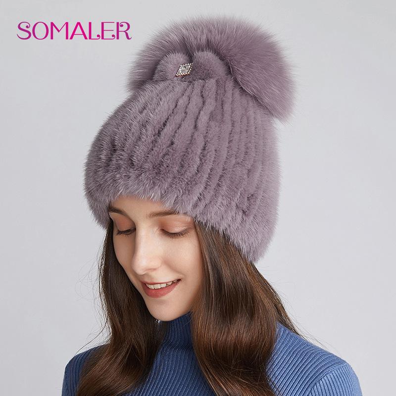 SOMALER Вязаные шапки из натурального норкового меха для женщин, зимняя теплая шапка из лисьего меха с украшением, уличная шапка с черепом