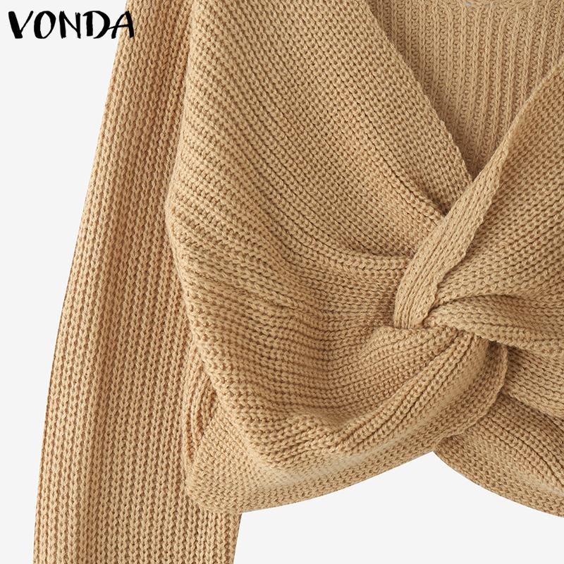 VONDA Women Casual Autumn V Neck Long Sleeve Twisted Cropped Sweaters Knitwear