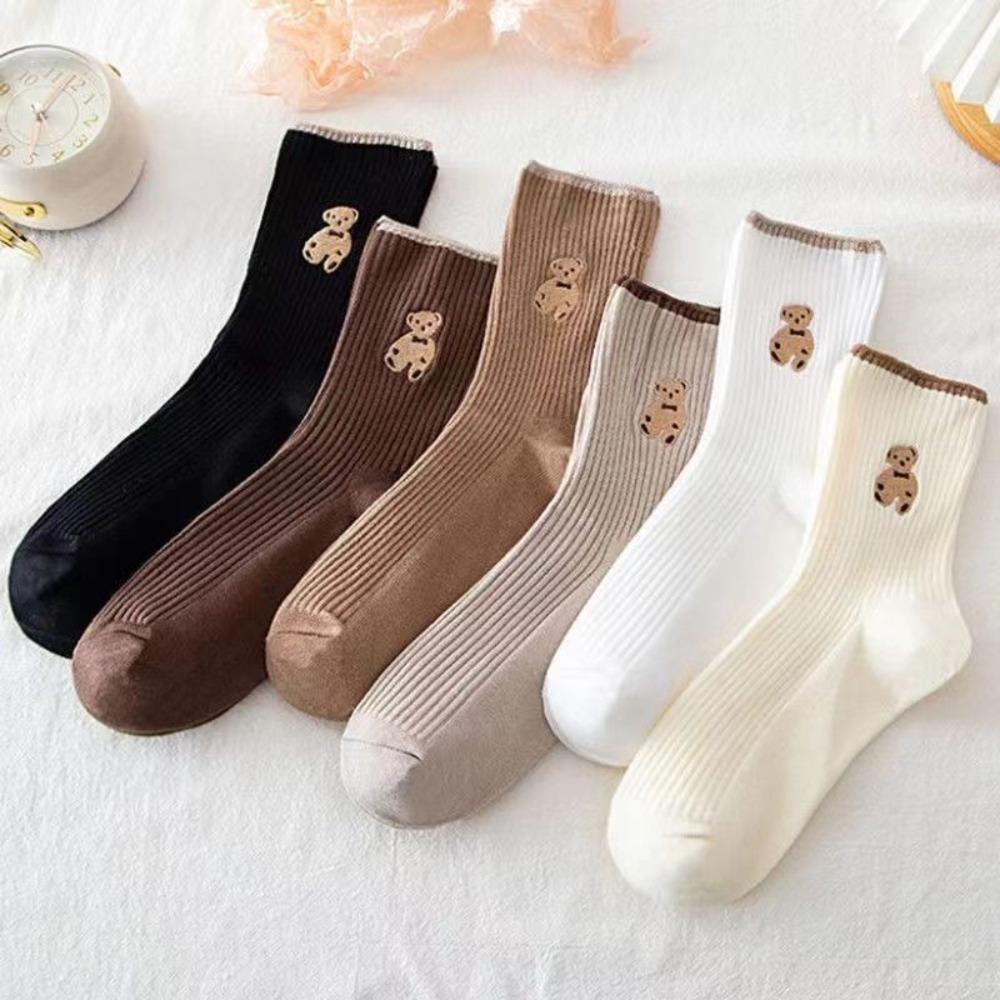 5 Pairs Bear Embroidery Snow Boot Socks Breathable Sports Socks Women Socks Autumn