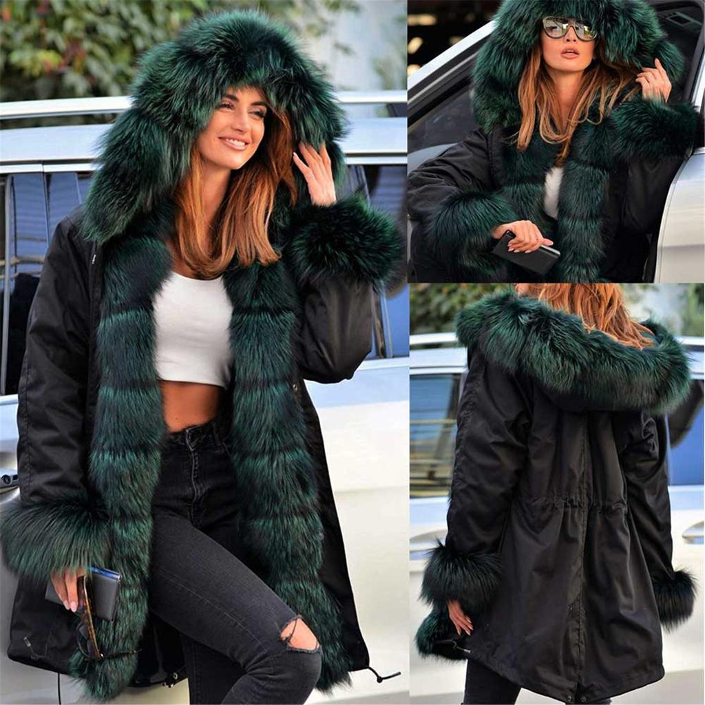 Women's Faux-Fur Shaggy Winter Coat Long Sleeve Open Front Outwear Fishtail Hooded Jacket
