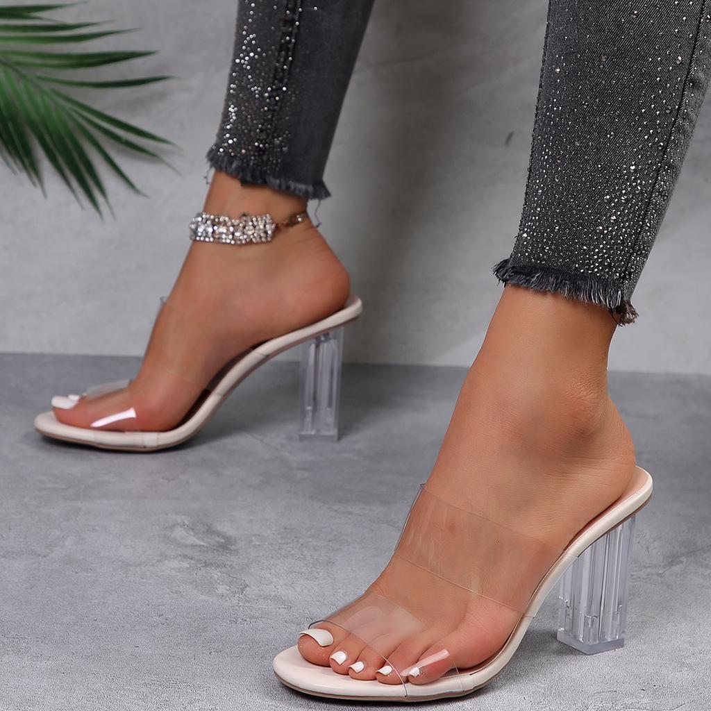 Мода Модные женские босоножки с желеобразным каблуком и кристаллами Прозрачные женские тапочки Сексуальные прозрачные туфли на высоком каблуке Летние босоножки Туфли-лодочки Туфли большого размера