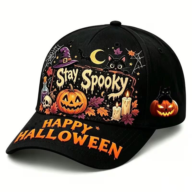 Digital Print Baseball Cap Halloween Black Cat Pumpkin All-Over Adjustable Sun Hat Unisex