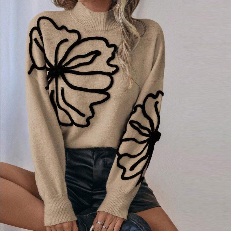 Women's Mock Neck Long Sleeve Knit Sweater Loose Fit Floral Embroidery Pullover