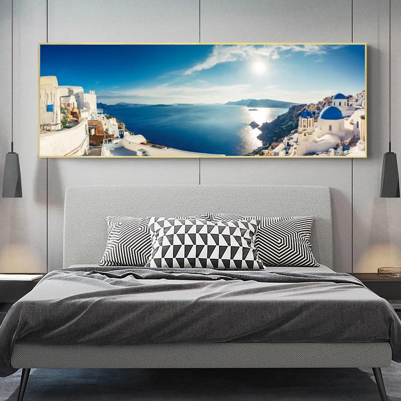Greek Village Posters Santorini Landscape Painting Canvas Prints Wall Art Pictures for Living Room Sunset Sea Cuadro No Frame