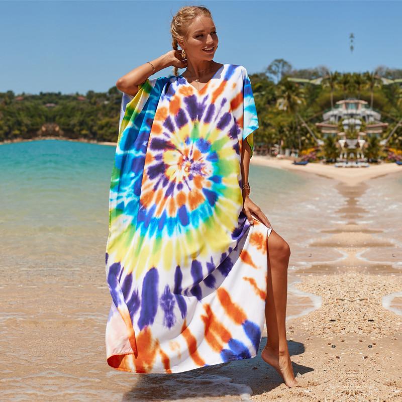 2022 Разноцветный кафтан с богемным принтом и v-образным вырезом, рукавами «летучая мышь», уличная одежда, платье макси, женская пляжная одежда, купальный костюм, накидка Q1342