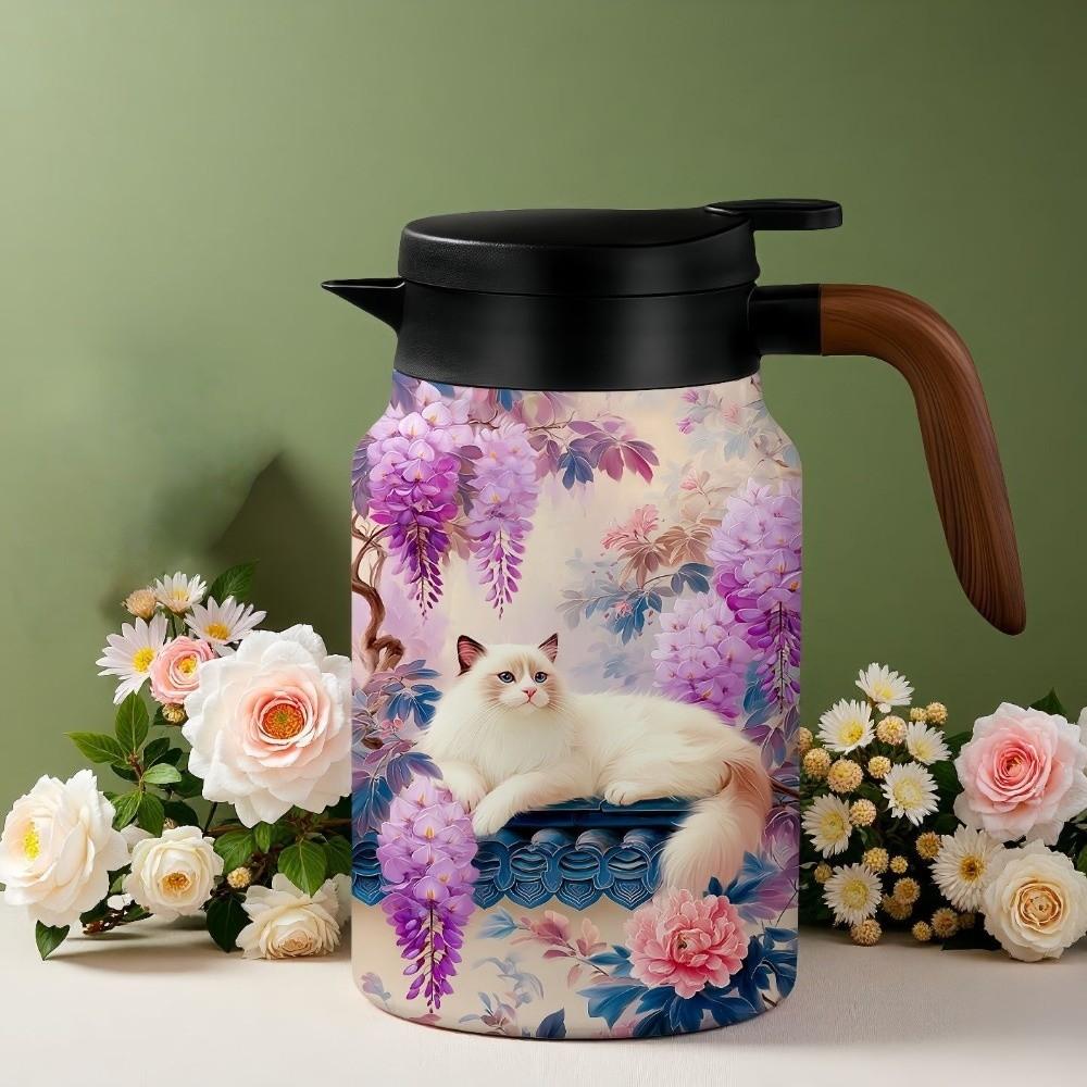 Chinese Style Retro Flower Insulated Kettle Hot Water Stainless Steel Vacuum Flask Vintage Floral Printing Water Cup for Outdoor