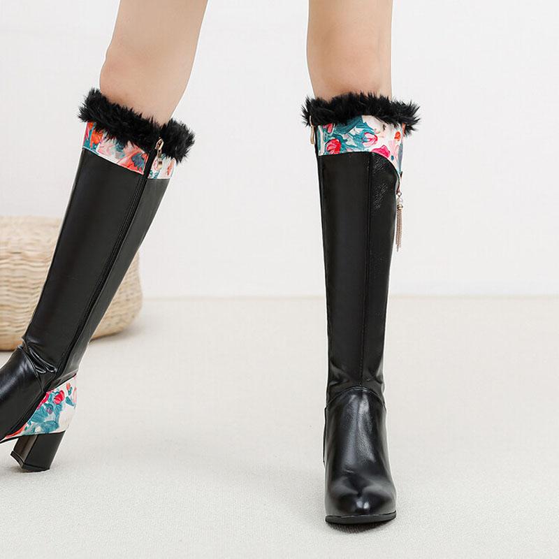 2025 Winter Knee High Boots for Women Printing Patchwork High Heels Women Shoes Big Size 43 Plush Warm Botas De Mujer WSH4935