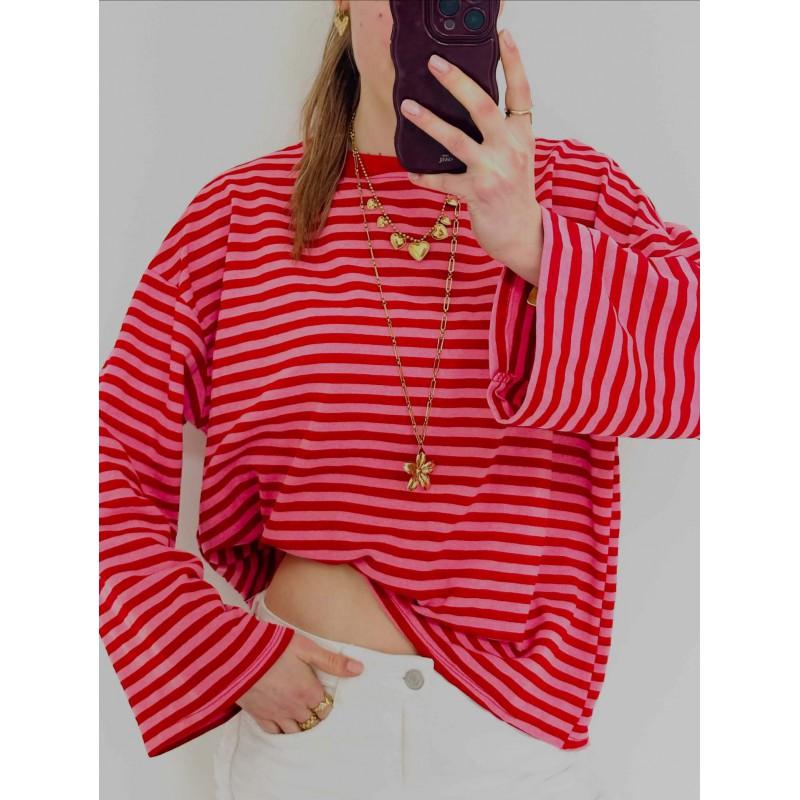 Womens Striped Color Block Crew Neck Long Sleeve T-Shirt Y2K Loose Casual Streetwear