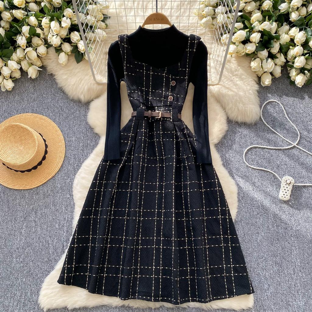 Осенне-зимний женский комплект свитер-платье, повседневный вязаный пуловер, топы + клетчатое твидовое платье, наряды из 2 предметов, женский с поясом