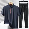 Мужская летняя шелковистая рубашка-поло с лацканами, костюм с короткими рукавами, молодежные брюки из ледяного шелка, повседневные спортивные комплекты из двух комплектов