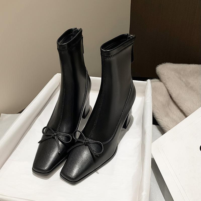 Белые короткие женские ботинки на весну и осень, одинарные ботинки с квадратным носком и бантом, корейские маленькие босоножки на высоком каблуке, эластичные тонкие ботинки