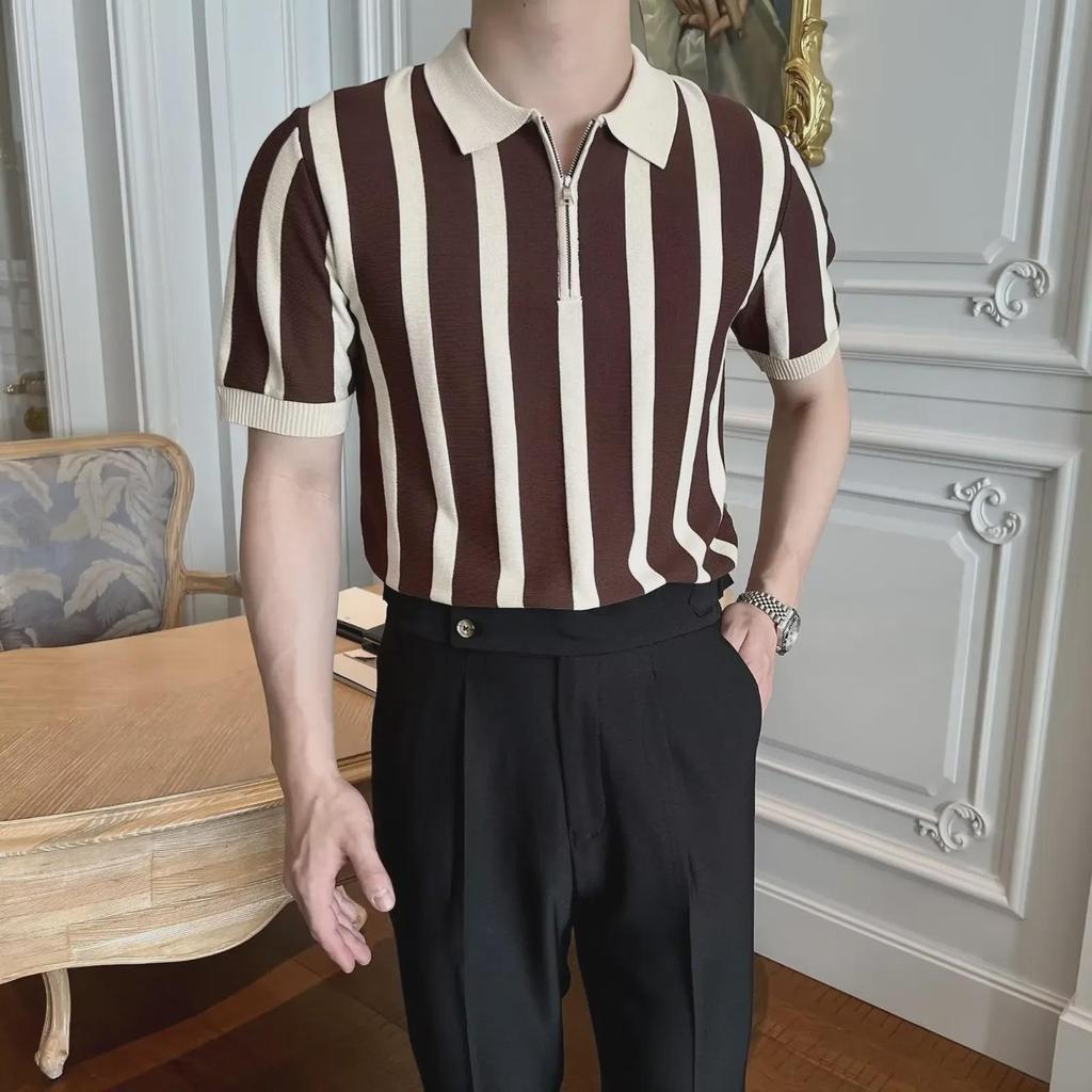 Мужская летняя полосатая рубашка-поло Slim Fit Ice Silk
