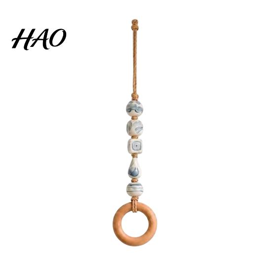 Bohemian Home Decor Gift Beaded Towel Hanger with Wooden Ring, Farmhouse Rustic Hand Holder, Wood Ring Decorative Wall Mounted Loop for Bathroom