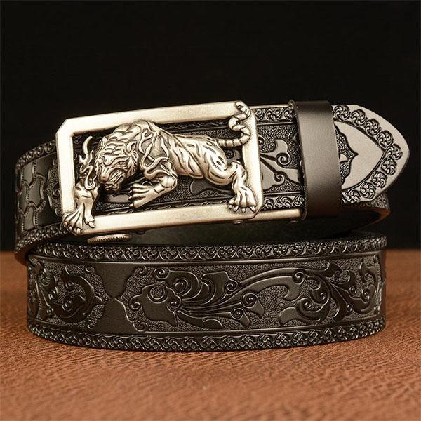 High Guality Male Belt Genuine Leather Belt for Men Carving Flower Pattern Animal Tiger Gold Automatic Buckle Belt Strap for Jeans