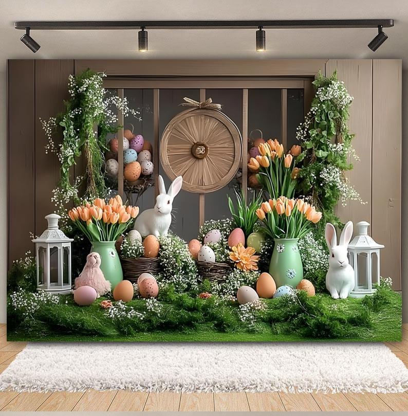 Easter white brick wall flower rabbit Easter egg shooting Backdrop spring flower wall children's birthday party banner Backdrop