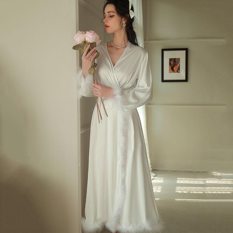 Sexy Wedding Morning Feather Robe Women Long Kimono Bathrobe Gown Spring Summer Satin Sleepwear Nightgown Loose Home Dress