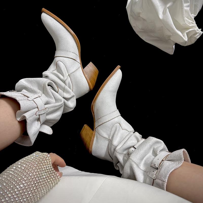 Версия из коровьей кожи~ Европейский и американский стиль Spice Girls, белые остроносые ботфорты на наборном каблуке, женские широкие сапоги-рыцари, длинные сапоги