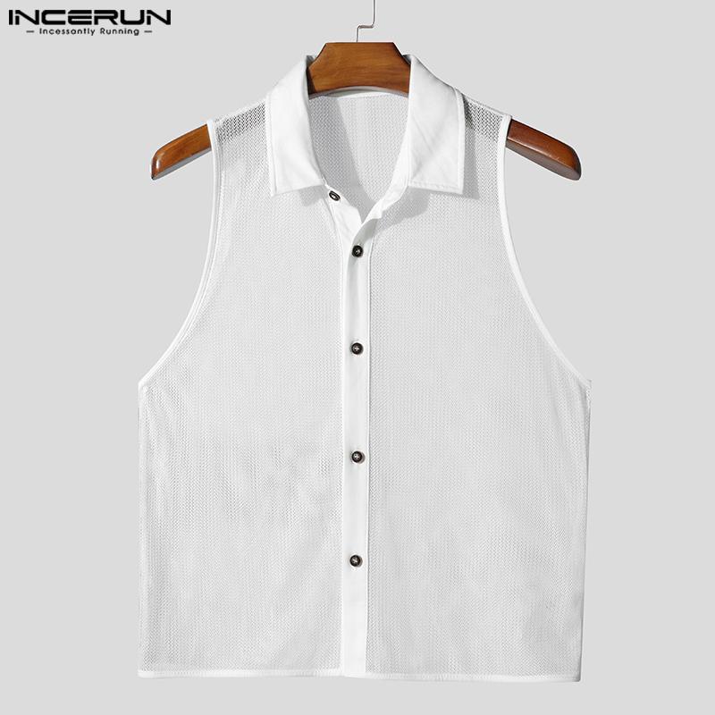 INCERUN Summer Men Lapel Sleeveless Mesh See Through Party Cropped Tank Tops