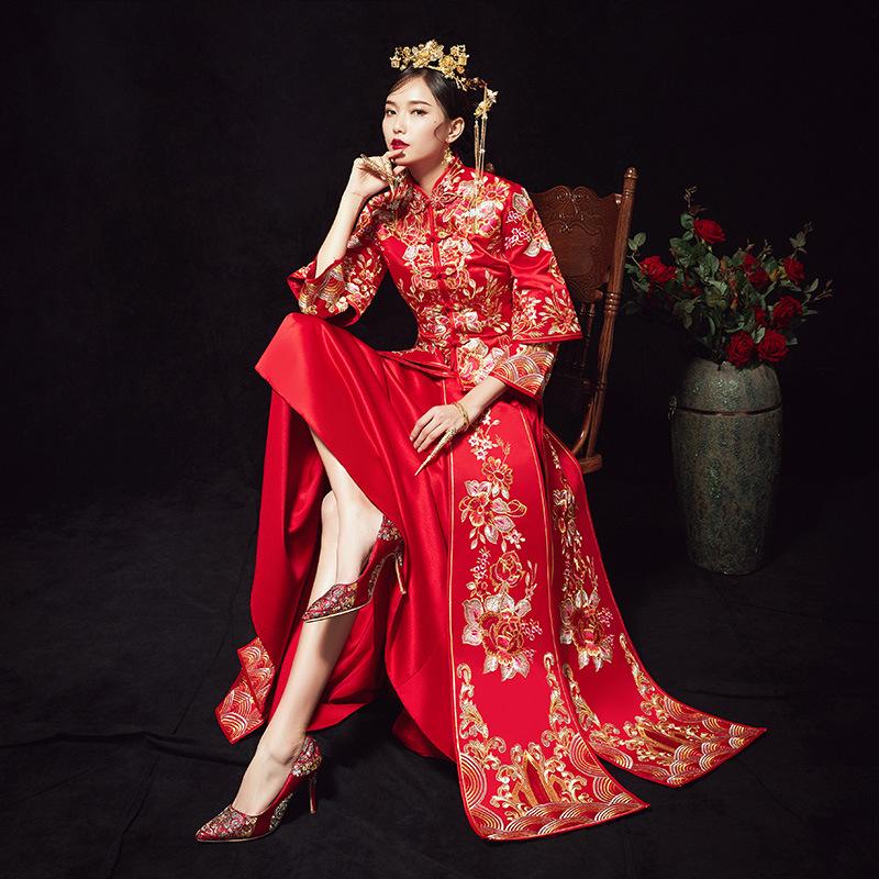2025 Show He Bridal Gown: New Style Chinese Wedding Dress, Embroidered Maternity Gown, Toast Dress