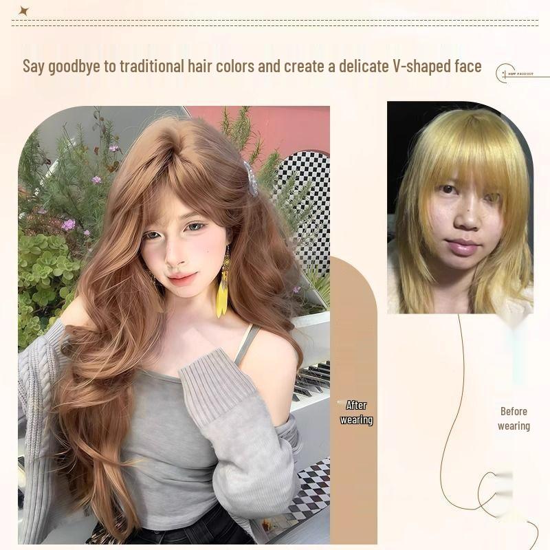 Champagne Color Long Curly Wig with Air Bangs - Korean Style for Women