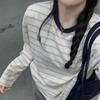 Fashionable Striped O-Neck Pullovers Autumn Korean Basic Loose Female Patch Casual Long Sleeve T-shirts