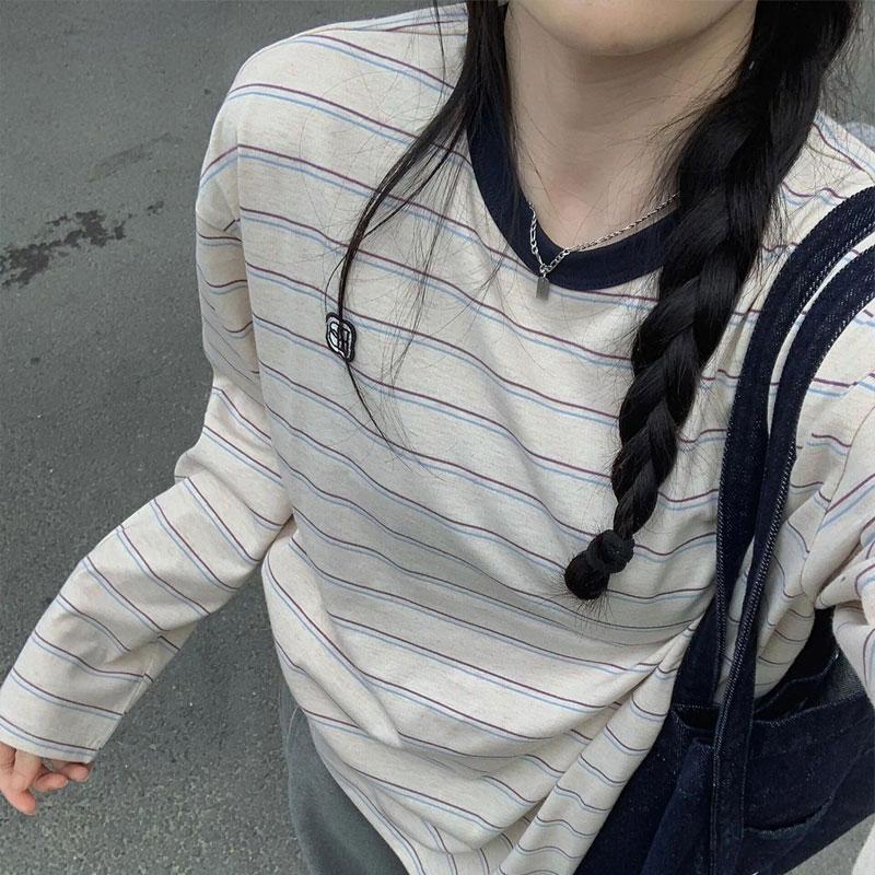 Fashionable Striped O-Neck Pullovers Autumn Korean Basic Loose Female Patch Casual Long Sleeve T-shirts