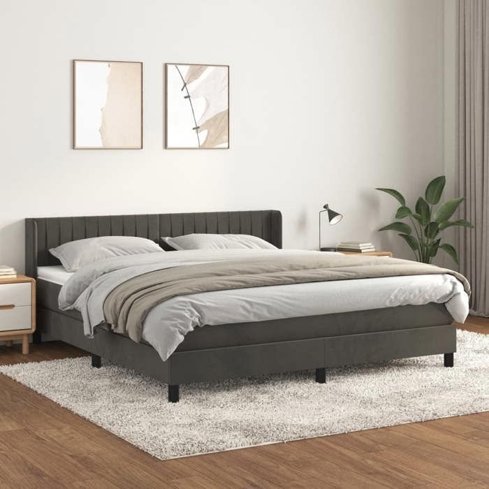 Lit avec sommier et matelas - Maison Exclusive - Velours gris foncé - 180x200cm - 2 places