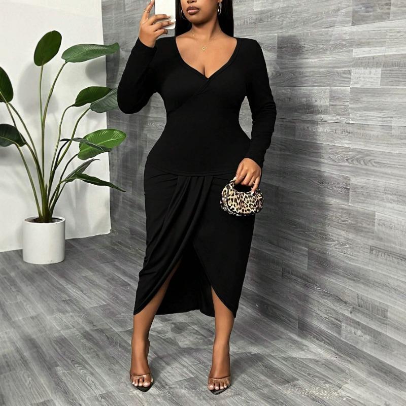 Womens Long Sleeve V Neck Waisted Slit Hip Wrap Midi Dress For Party Commute