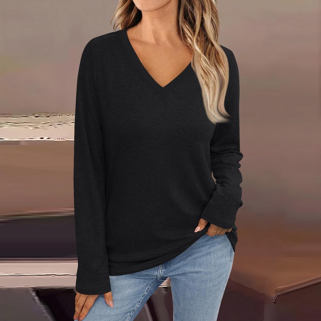 Женская модная винтажная футболка с длинным рукавом и V-образным вырезом в тон цвета осени