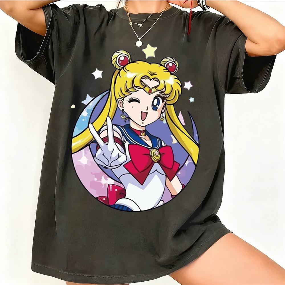 Sailor Moon Ретро 90-х Аниме Графическая Футболка Летняя Хлопковая Унисекс Женская Футболка Уличная Одежда Повседневный Тренд Короткий Рукав Пара Хип-Хоп Топ