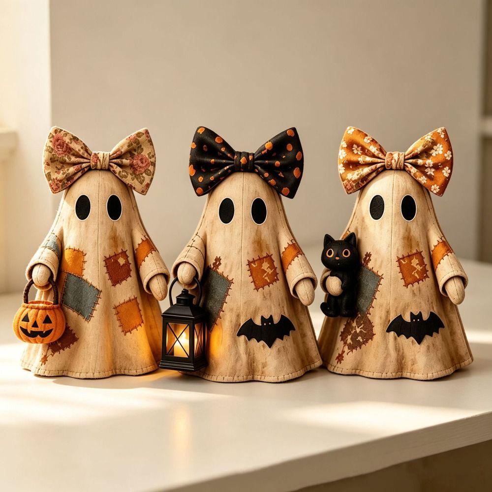 Double-Sided Printed Wooden Ornament Vintage Distressed Ghost Figurine Tabletop Ornament Halloween