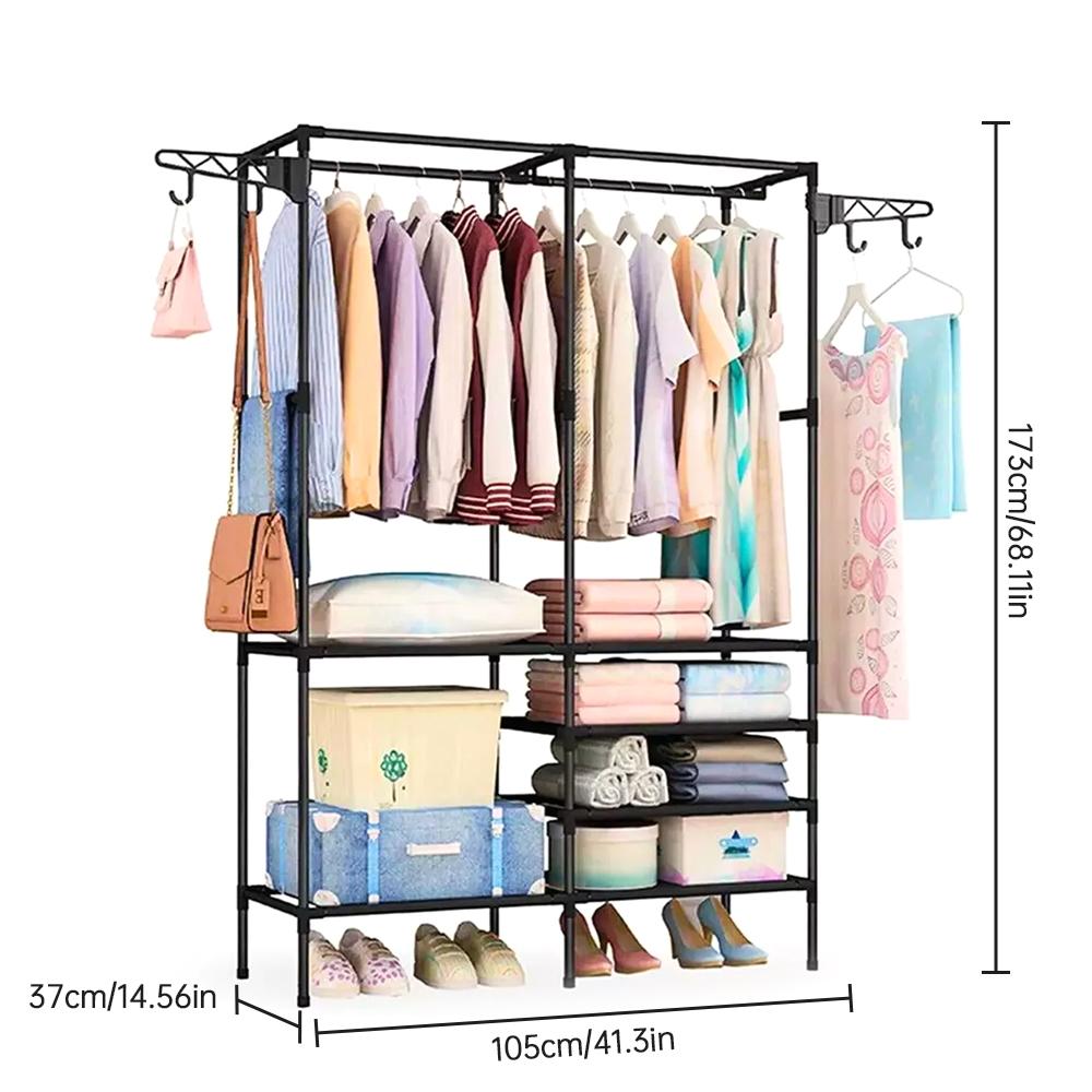 Double Rod Clothes Rack with 6 Storage Shelves Durable Steel Pipe Garment Rack Clothing Rack with 2
