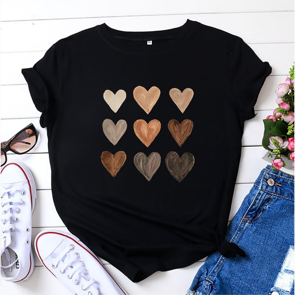 Women's Heart Print Crew Neck Loose Short Sleeve Sports Casual Top For Summer