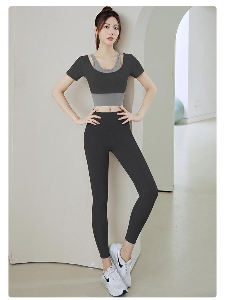 Women's Color Block Two-Piece Short Sleeve Quick-Dry Sports Yoga Top