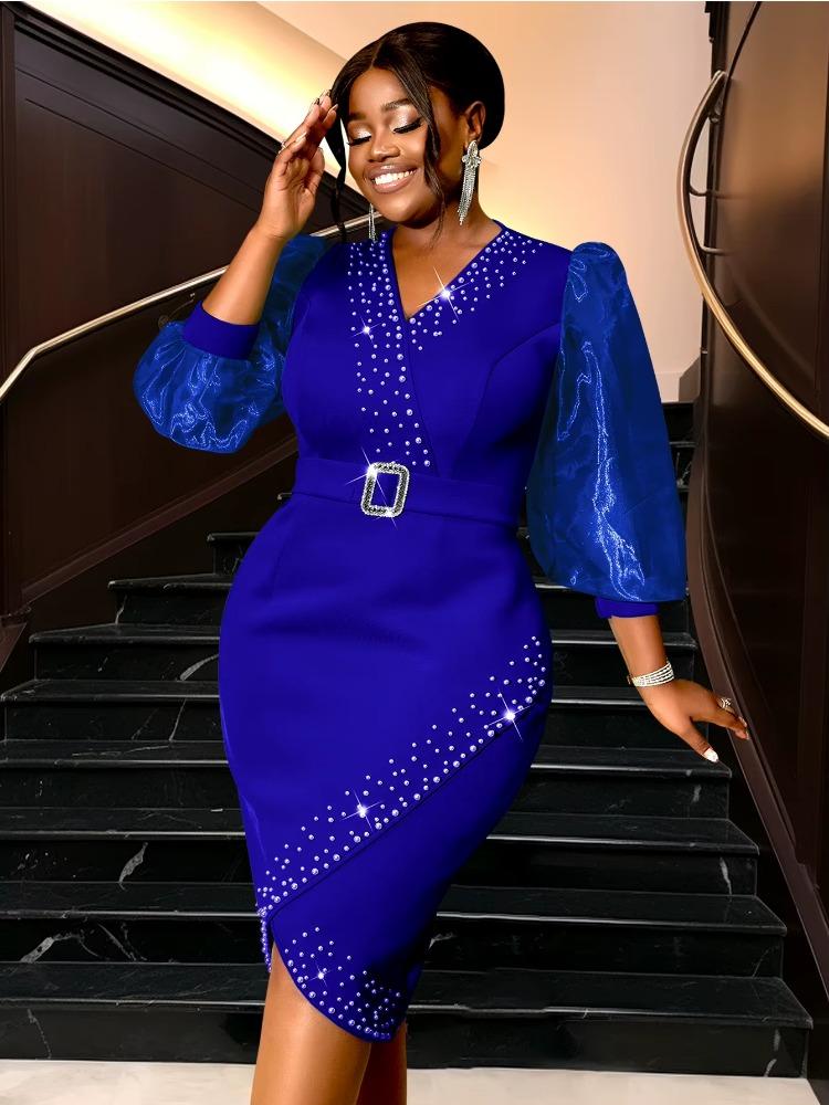 Luxury Evening Dress with V-neck Bead Belt Mesh Lantern Long Sleeve Sexy Women's Party Classy Office Ladies Wedding Guest Gowns